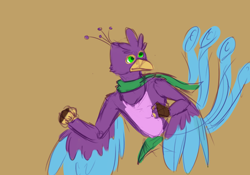 Size: 3000x2100 | Tagged: safe, artist:scruffasus, oc, oc:gyro feather, oc:gyro feather (bird), bird, galliform, peafowl, anthro, beak, bird feet, bird hands, claws, feathered wings, feathers, green eyes, high res, male, pink body, purple body, tail, tail feathers, wings, yellow body