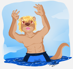 Size: 944x892 | Tagged: safe, artist:luluamore, mammal, mustelid, otter, anthro, beach, clothes, commission, digital art, front view, lineless, male, solo, solo male, summer, swimsuit, water