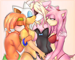 Size: 998x804 | Tagged: character needed, dead source, species needed, suggestive, artist:prettyfoxxylady, amy rose (sonic), rouge the bat (sonic), tikal the echidna (sonic), canon x oc, oc, bat, echidna, hedgehog, mammal, monotreme, anthro, sega, sonic the hedgehog (series), belly button, clothes, female, female/female, females only, group, kissing, lingerie, partial nudity, shipping, topless, underwear