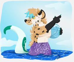 Size: 1364x1147 | Tagged: safe, artist:luluamore, oc, oc only, hybrid, hyena, lizard, mammal, reptile, snake, anthro, ball, beach, beach ball, clothes, commission, digital art, lineless, male, solo, solo male, spots, summer, swimsuit, transgender, water