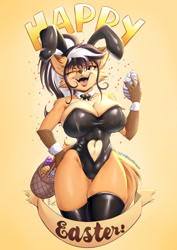 Size: 1270x1796 | Tagged: suggestive, artist:viejillox, oc, oc only, oc:elizabeth fox (viejillox), canine, fox, mammal, anthro, 2021, belly button, big breasts, black hair, bow, bow tie, breasts, bunny ears, bunny suit, cheek fluff, cleavage, clothes, dipstick ears, ear fluff, easter, easter basket, easter egg, english text, fangs, female, fluff, fur, gradient background, hair, hand hold, hand on hip, holding, legwear, leotard, lipstick, long hair, looking at you, makeup, multicolored hair, one eye closed, open mouth, open smile, pale belly, ponytail, red eyes, sharp teeth, shoulder fluff, smiling, solo, solo female, tail, tail fluff, tan body, tan fur, teeth, thigh gap, thigh highs, tongue, two toned hair, vixen, white hair