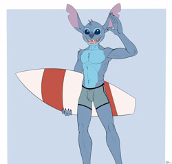 Size: 1280x1218 | Tagged: safe, artist:jimfoxx, stitch (lilo & stitch), alien, experiment (lilo & stitch), fictional species, anthro, disney, lilo & stitch, 2021, 5 fingers, anthrofied, athletic, athletic male, belly button, blue background, blue body, blue claws, blue eyes, blue fur, blue nose, chest fluff, claws, digital art, ears, flat colors, fluff, fur, head fluff, humanoid hands, looking at you, male, open mouth, open smile, partial nudity, simple background, smiling, solo, solo male, standing, surfboard, swimming trunks, topless, torn ear, waving