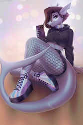 Size: 904x1356 | Tagged: safe, artist:margony, oc, oc only, fish, shark, anthro, plantigrade anthro, boots, bottomwear, cell phone, clothes, collar, crop top, female, fishnet, fishnet stockings, green eyes, hoodie, legwear, lidded eyes, looking at you, midriff, phone, see-through, shoes, shorts, smiling, solo, solo female, spiked collar, stockings, topwear, torn clothes