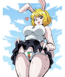 Size: 1700x2000 | Tagged: suggestive, artist:lewdamone, carrot (one piece), fictional species, lagomorph, mammal, mink tribe, rabbit, anthro, one piece, 2021, big breasts, blep, blonde hair, bottomwear, breasts, clothes, eyebrows, eyelashes, female, fur, hair, heart, long ears, looking at you, love heart, nipple outline, panties, red eyes, short hair, short tail, skirt, skirt lift, smiling, smiling at you, solo, solo female, tail, thick thighs, thighs, tongue, tongue out, topwear, underwear, white body, white fur