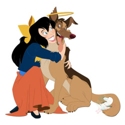 Size: 500x500 | Tagged: source needed, safe, artist:pizzapupperroni, anne-marie (all dogs go to heaven), charlie (all dogs go to heaven), canine, dog, german shepherd, human, mammal, feral, all dogs go to heaven, sullivan bluth studios, 2d, blushing, brown body, brown fur, clothes, dress, duo, female, fur, halo, hug, low res, male, older, simple background, tail, tongue, tongue out, white background