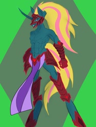 Size: 960x1280 | Tagged: safe, artist:sky-railroad, oc, oc only, oc:sabot, anthro, armor, hair, long hair, male, skimpy armour, solo, solo male, topless
