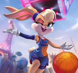 Size: 3000x2820 | Tagged: safe, artist:wizaria, lola bunny (looney tunes), lagomorph, mammal, rabbit, anthro, looney tunes, space jam, space jam: a new legacy, warner brothers, 2021, ball, basketball, blonde hair, blue eyes, bottomwear, clothes, eyebrows, eyelashes, eyeshadow, female, gloves, hair, high res, long ears, looking at you, makeup, one eye closed, open mouth, open smile, outdoors, short tail, shorts, smiling, smiling at you, solo, solo female, sports bra, sports shorts, tail, topwear, winking