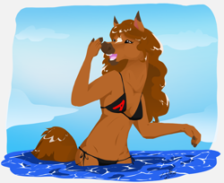 Size: 1686x1373 | Tagged: suggestive, artist:luluamore, equine, horse, mammal, anthro, beach, bikini, clothes, commission, digital art, female, front view, lineless, signature, solo, solo female, summer, swimsuit, three-quarter view, water