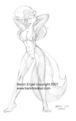 Size: 440x697 | Tagged: safe, artist:baron engel, oc, oc only, oc:rosemary parker, mammal, skunk, 2007, big breasts, bikini, breasts, cleavage, clothes, female, lidded eyes, looking at you, sketch, smiling, solo, solo female, swimsuit, tail, traditional art, watermark