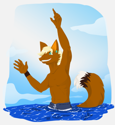Size: 1505x1630 | Tagged: safe, artist:luluamore, oc, oc only, oc:kaidal, canine, fox, mammal, anthro, beach, blonde, boxers, clothes, commission, digital art, lineless, male, partial nudity, solo, solo male, summer, swimsuit, topless, underwear, water
