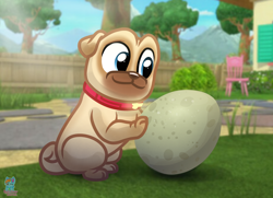 Size: 1920x1392 | Tagged: safe, artist:rainbow eevee, rolly (puppy dog pals), canine, dog, mammal, pug, disney, puppy dog pals, blue eyes, chair, collar, cute, egg, gate, grass, grin, looking down, male, path, shine, sitting, smiling, solo, solo male, tree