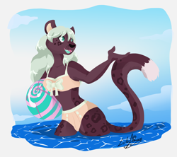 Size: 1142x1014 | Tagged: safe, artist:luluamore, big cat, cat, feline, leopard, mammal, marten, mustelid, sable, anthro, ball, beach, beach ball, clothes, commission, digital art, ebony, female, holding, lineless, signature, solo, solo female, summer, swimsuit, water