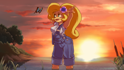 Size: 2920x1642 | Tagged: safe, artist:plague of gripes, coco bandicoot (crash bandicoot), arthropod, bandicoot, butterfly, insect, mammal, marsupial, anthro, crash bandicoot (series), arms behind head, clothes, cloud, female, female focus, open mouth, outdoors, overalls, partially submerged, smiling, solo focus, sunset