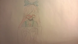 Size: 1280x720 | Tagged: safe, artist:slimgoomba2, luna (jewelpet), jewelpet (sanrio), sanrio, barefoot, bow, clothes, feet, female, fetish, foot fetish, glasses, pillory, shirt, soles, solo, solo female, stocks, tickle fetish, tickling, toes, topwear, traditional art