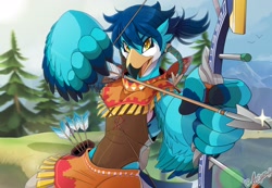 Size: 2048x1414 | Tagged: safe, artist:arijuno, bird, fictional species, rito, anthro, nintendo, the legend of zelda, arrow, bow (weapon), feathers, male, solo, solo male, weapon, wing hands