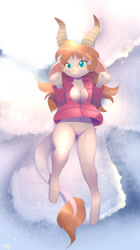 Size: 717x1280 | Tagged: suggestive, artist:b-epon, bovid, goat, mammal, anthro, bottomless, clothes, female, horns, jacket, nudity, partial nudity, snow, snow angel, solo, solo female, tail, topwear