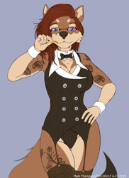 Size: 680x936 | Tagged: safe, artist:tailsrulz, oc, oc only, canine, coyote, mammal, anthro, bow, bow tie, clothes, cuffs, female, garter straps, glasses, legwear, leotard, lidded eyes, looking at you, purple eyes, solo, solo female, stockings, topwear, vest