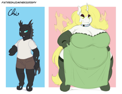 Size: 1155x892 | Tagged: safe, artist:nekocrispy, arthropod, changeling, equine, fictional species, anthro, friendship is magic, hasbro, my little pony, anthrofied, big belly, breasts, clothes, collar, dress, fat, female, flag, green eyes, huge breasts, hyper, male to female, morbidly obese, mtf transgender, obese, pride flag, simple background, transgender, transgender pride flag, transition, weight gain, wide hips