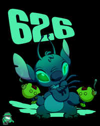 Size: 1200x1500 | Tagged: safe, artist:theoctoberscarf, stitch (lilo & stitch), alien, experiment (lilo & stitch), fictional species, disney, lilo & stitch, 2021, 3 toes, antennae, back spines, black background, blue body, blue fur, blue nose, crossed arms, digital art, dipstick antennae, dual wielding, four arms, fur, glowing, glowing eyes, green eyes, plasma blaster, plasma gun, simple background, standing, text, weapon