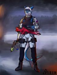 Size: 960x1280 | Tagged: safe, artist:pirin-apex, oc, oc only, oc:nika sharkeh, fish, shark, anthro, plantigrade anthro, 2018, body armor, boots, bottomwear, breasts, clothes, digital art, female, gun, hair, looking at you, machinegun, pants, rifle, shoes, solo, solo female, striped body, suit, tail, thighs, weapon, wide hips