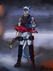 Size: 960x1280 | Tagged: safe, alternate version, artist:pirin-apex, oc, oc only, oc:nika sharkeh, fish, shark, anthro, plantigrade anthro, 2018, body armor, boots, bottomwear, breasts, clothes, digital art, gun, hair, intersex, intersex female, looking at you, machinegun, pants, rifle, shoes, solo, solo intersex female, striped body, suit, tail, thighs, weapon, wide hips