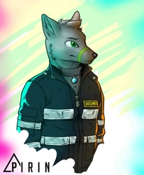 Size: 1056x1280 | Tagged: safe, artist:pirin-apex, oc, oc only, canine, mammal, wolf, anthro, 2018, black nose, clothes, digital art, fur, hair, jacket, male, shirt, simple background, solo, solo male, tail, topwear