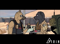 Size: 1280x930 | Tagged: safe, artist:pirin-apex, oc, oc only, canine, dog, german shepherd, mammal, wolf, anthro, 2018, black nose, body armor, clothes, dialogue, digital art, duo, duo male, fur, gun, hair, looking at each other, male, males only, shotgun, solo, solo male, suit, tail, talking, text, weapon