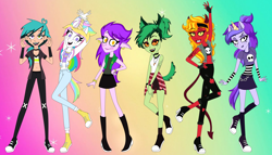 Size: 4384x2500 | Tagged: safe, artist:machakar52, bully (teen-z), charlie werewolf (teen-z), dark (teen-z), kid (teen-z), light (teen-z), luvboy (teen-z), animal humanoid, canine, demon, elf, equine, fictional species, human, mammal, unicorn, werewolf, humanoid, teen-z, equestria girls, friendship is magic, hasbro, my little pony, clothes, devil tail, equestria girls-ified, female, females only, fingerless gloves, gloves, heterochromia, high res, hilarious in hindsight, horn, mare, rule 63, simple background, style emulation, tail