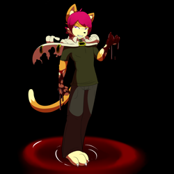 Size: 1280x1280 | Tagged: safe, artist:munks, oc, oc only, cat, feline, mammal, anthro, plantigrade anthro, blood, bottomwear, clothes, grin, jacket, looking at you, pants, purple eyes, shirt, smiling, topwear, torn clothes