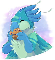 Size: 1666x1830 | Tagged: safe, artist:pixelyte, bird, feline, fictional species, gryphon, mammal, anthro, 2021, abstract background, bird hands, blue body, blue feathers, bust, chest fluff, claws, cute, eyes closed, feathered wings, feathers, fluff, green feathers, hand hold, holding, muffin, smiling, white outline, wings