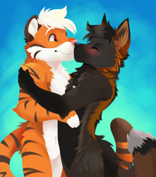 Size: 1129x1280 | Tagged: safe, artist:feve, big cat, canine, cross fox, feline, fox, mammal, red fox, tiger, anthro, anthro/anthro, black body, black fur, black hair, black nose, blonde hair, brown body, brown fur, complete nudity, ear fluff, eyes closed, face to face, featureless crotch, fluff, fur, hair, hug, interspecies, male, male/male, nudity, orange body, orange fur, pink eyes, pink nose, scrunchy face, shipping, side view, standing, striped fur, tail, whiskers, white body, white fur
