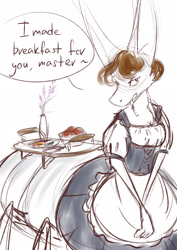 Size: 1600x2264 | Tagged: safe, artist:karintina, fictional species, hybrid, mammal, yinglet, taur, the out-of-placers, clothes, food, maid, maid outfit, master, sketch, solo, talking, tiplod, tray
