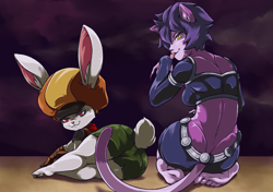Size: 1700x1200 | Tagged: safe, artist:plague of gripes, sorrel (dragon ball), lagomorph, mammal, rabbit, anthro, plantigrade anthro, dragon ball (series), bedroom eyes, clothes, crop top, duo, duo female, evening gloves, feet, female, females only, fingerless long gloves, gloves, hat, hop (dragon ball), kneeling, licking, long gloves, looking at you, looking back, looking back at you, lying down, tail, tongue, tongue out, topwear