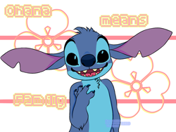 Size: 1200x900 | Tagged: safe, artist:dreamydrift, stitch (lilo & stitch), alien, experiment (lilo & stitch), fictional species, semi-anthro, disney, lilo & stitch, 2019, 4 fingers, black eyes, blue body, blue claws, blue fur, blue nose, chest fluff, claws, digital art, ears, english text, flower, fluff, fur, hawaiian text, head fluff, looking at you, male, open mouth, open smile, simple background, smiling, solo, solo male, torn ear, watermark, white background