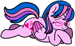 Size: 1718x1072 | Tagged: safe, artist:mrstheartist, oc, oc only, oc:hsu amity, alicorn, equine, fictional species, mammal, pony, feral, friendship is magic, hasbro, my little pony, base used, bedroom eyes, blushing, butt, female, glasses, lying down, mare, one eye closed, prone, sexy, simple background, solo, solo female, transparent background, winking