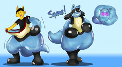 Size: 1280x707 | Tagged: safe, artist:kanjojolteon, eeveelution, fictional species, jolteon, lucario, mammal, anthro, nintendo, pokémon, ambiguous gender, gradient background, hypnosis, inflatable, inflatable suit, latex, solo, solo ambiguous, species swap, transformation