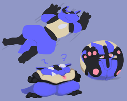 Size: 722x578 | Tagged: safe, artist:tehsquishyray, fictional species, lucario, mammal, anthro, nintendo, pokémon, ball, blue background, flattened, male, morph ball, simple background, solo, solo male, wat