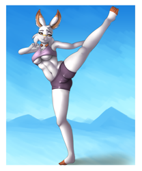 Size: 1667x2000 | Tagged: safe, artist:skipsy, fictional species, mammal, scorbunny, anthro, plantigrade anthro, nintendo, pokémon, 2019, bedroom eyes, belly button, bottomwear, breasts, clothes, digital art, ears, eyelashes, female, fur, hair, looking at you, pink nose, shorts, simple background, solo, solo female, sports bra, sports shorts, spread legs, starter pokémon, tail, thighs, topwear, wide hips, yoga