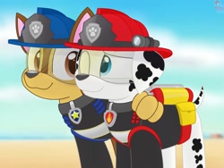 Size: 1280x964 | Tagged: safe, artist:rainbow eevee, chase (paw patrol), marshall (paw patrol), canine, dalmatian, dog, mammal, feral, nickelodeon, paw patrol, 2020, black nose, clothes, collar, digital art, duo, duo male, ears, fur, helmet, male, males only, paws, spotted body, spotted fur, tail, topwear, vest