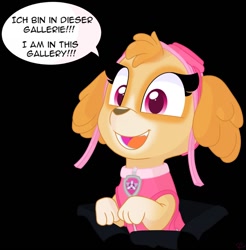 Size: 1258x1280 | Tagged: safe, artist:rainbow eevee, skye (paw patrol), canine, cockapoo, dog, mammal, feral, nickelodeon, paw patrol, 2020, black nose, clothes, collar, dialogue, digital art, ears, female, fur, goggles, open mouth, paws, simple background, solo, solo female, speech bubble, tail, talking, text, tongue, topwear, vest