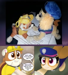 Size: 1168x1280 | Tagged: safe, artist:rainbow eevee, rubble (paw patrol), skye (paw patrol), canine, cockapoo, dog, english bulldog, mammal, feral, friendship is magic, hasbro, my little pony, my little pony: the movie, nickelodeon, paw patrol, 2020, black nose, cap, clothes, collar, comic, crossover, dialogue, digital art, duo, duo male and female, ears, female, fur, hat, helmet, irl, male, open mouth, paws, photo, plushie, reference, simple background, speech bubble, tail, talking, text, topwear, vest