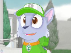 Size: 979x737 | Tagged: safe, artist:rainbow eevee, rocky (paw patrol), dog, mammal, mutt, feral, nickelodeon, paw patrol, 2020, black nose, cap, clothes, collar, digital art, ears, fur, hat, looking at you, male, open mouth, paws, solo, solo male, tail, tongue, topwear, vest