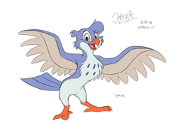 Size: 2784x2087 | Tagged: safe, artist:tymime, bird, bluebird, songbird, semi-anthro, disney, winnie-the-pooh, 2018, 2021, beak, blue feathers, character name, colored sclera, colored sketch, feathers, female, high res, kessie (winnie-the-pooh), looking at you, open beak, open mouth, open smile, orange beak, purple eyes, signature, simple background, sketch, smiling, solo, solo female, spread wings, white background, wings, yellow sclera