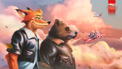 Size: 3840x2160 | Tagged: safe, official art, bear, canine, fox, mammal, red fox, anthro, 16:9, 2021, aircraft, airplane, black nose, blue eyes, bomber jacket, brown body, brown fur, cheek fluff, chest fluff, clothes, cloud, cream body, cream fur, detailed background, dipstick ears, duo, duo male, ear fluff, ear tuft, elbow fluff, eyebrows, eyelashes, fluff, fur, gaijin entertainment, head fluff, high res, jacket, leaf, leather jacket, male, males only, orange body, orange eyes, orange fur, scar, shirt, side view, sky, smiling, tan body, tan fur, topwear, vehicle, wallpaper, war thunder