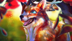 Size: 3840x2160 | Tagged: safe, artist:fluttiart, canine, fox, mammal, feral, 16:9, 2021, ambiguous gender, antlers, black nose, blue eyes, cheek fluff, digital art, digital painting, fangs, feather, featured image, fluff, front view, fur, high res, looking up, open mouth, orange body, orange fur, sharp teeth, signature, solo, solo ambiguous, teeth, three-quarter view, tongue, wallpaper, whiskers, white body, white fur