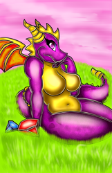 Size: 829x1280 | Tagged: suggestive, artist:snizard, spyro the dragon (spyro), dragon, fictional species, anthro, spyro the dragon (series), 2018, breasts, dragoness, female, gem, grass, horns, purple eyes, rule 63, solo, solo female, tail, webbed wings, wings