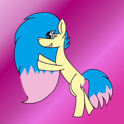 Size: 600x600 | Tagged: safe, artist:moonlightwolfpup, oc, oc only, oc:paintball, earth pony, equine, fictional species, mammal, pony, hasbro, my little pony, bipedal, blue eyes, female, fur, gradient background, hair, hooves, hooves in air, mane, mare, smiling, solo, solo female, tail, yellow body, yellow fur