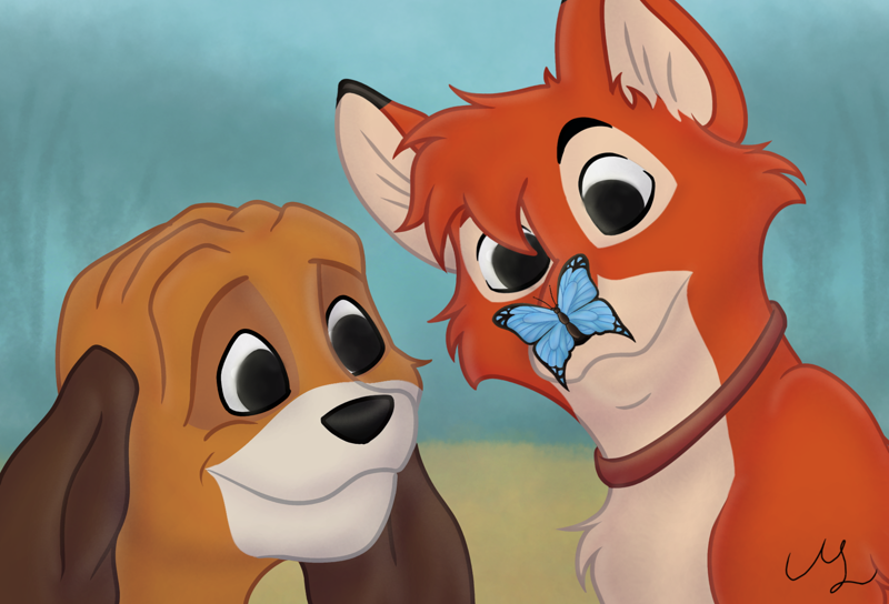 79295 - safe, artist:ligjtspeedthepup, copper (the fox and the hound), tod  (the fox and the hound), arthropod, bloodhound, butterfly, canine, dog, fox,  insect, mammal, feral, disney, the fox and the hound, cub,