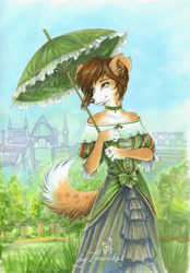 Size: 693x997 | Tagged: safe, artist:imanika, oc, oc only, canine, dog, mammal, anthro, choker, clothes, cottagecore, dress, female, floppy ears, green eyes, parasol, smiling, solo, solo female, traditional art
