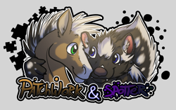 Size: 1875x1181 | Tagged: safe, artist:velociawesome, oc, oc:patchwork (velociawesome), oc:spotter (velociawesome), equine, horse, mammal, skunk, anthro, feral, 2d, badge, cute, duo